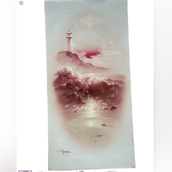 Vintage Oriental Pink Lighthouse Canvas Painting